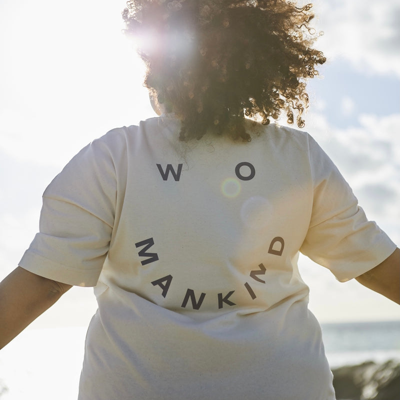 WOMAN KIND - Blue on Natural oversized tee